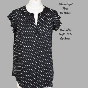 ADRIANNA PAPELL Blouse M V Neck Cap Sleeve Black Polka Dots Machine Wash Bin 6